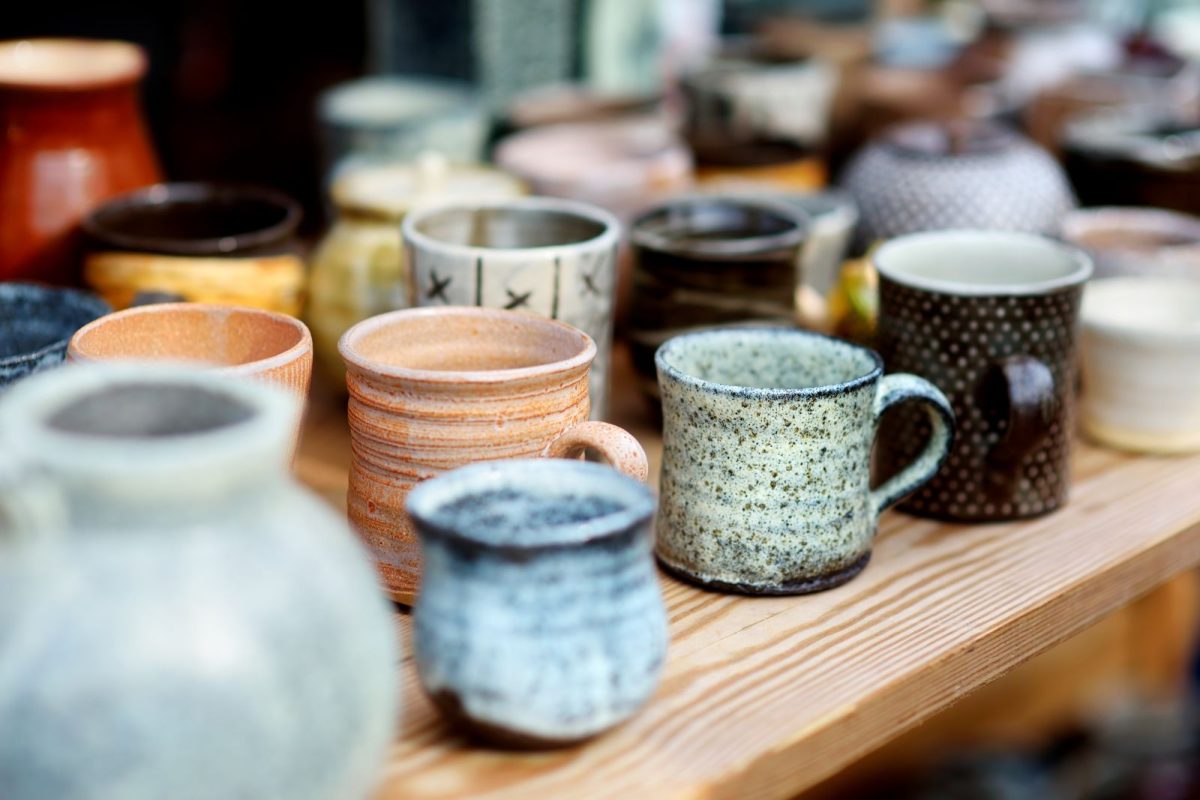 Ceramic mugs at art festival.