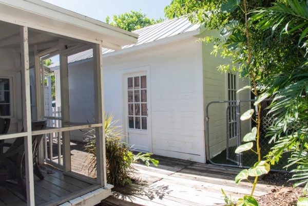 Backyard scene showing a white wooden shed with a glass-paneled door and a screened porch on a wooden deck, surrounded by plants and greenery on the right.