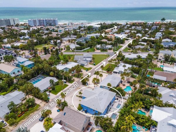 Aerial view of a beachside neighborhood with a blue house circled; white arrows and text indicate a 6‑minute walk to the beach.