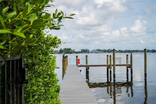 A wooden dock extends into calm water beside a green hedge on the left, with a cloudy blue sky above and distant boats on the horizon.