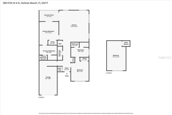Two‑level floor plan for 308 57th St #A, Holmes Beach, FL 34217, showing garage, entry and foyer, stairs, kitchen, covered porch, multiple bedrooms and bathrooms, and closets.