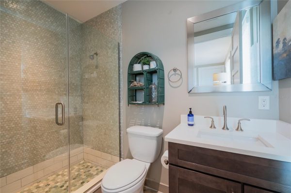 Glass-enclosed shower with mosaic tile walls, adjacent toilet and dark wood vanity with white countertop and silver fixtures.