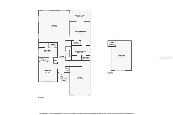 Two-story floor plan of a home: main level with kitchen, several bedrooms, bathrooms, a foyer, porch, and a large garage; stairs lead to a second-floor bedroom.